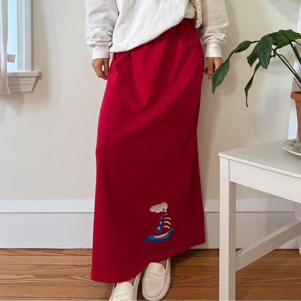 The Quacker Factory 100% Cotton Sailboat Embroidered Red Long Granny Skirt XS